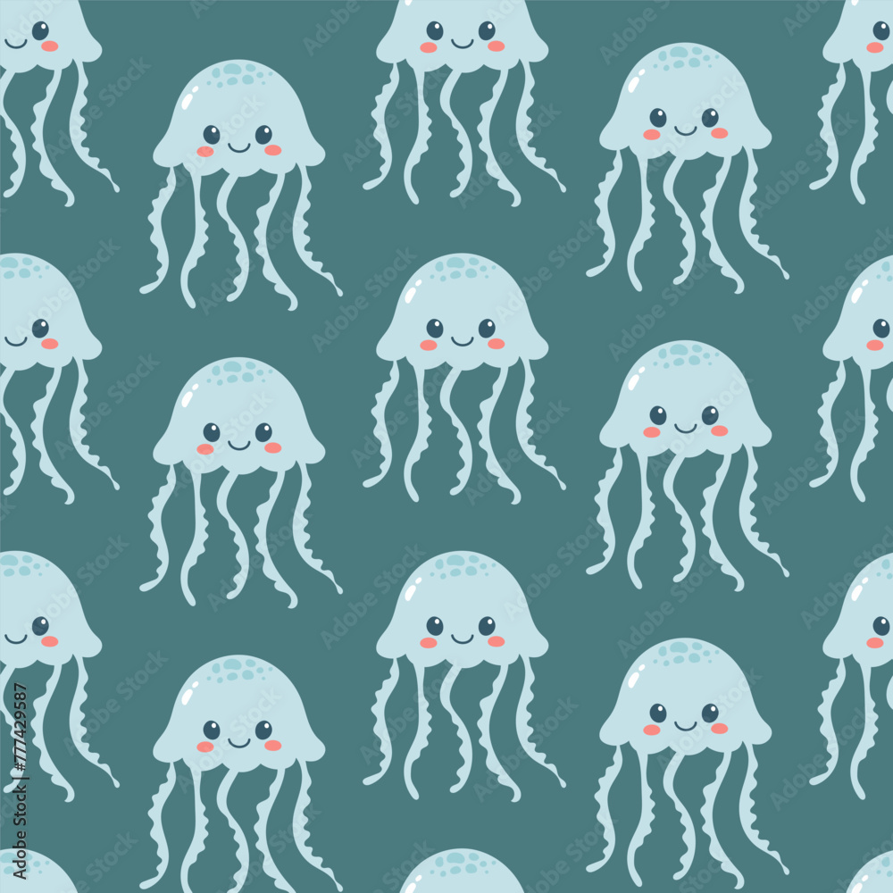 Seamless pattern of cute jellyfish on blue background. Marine life animals. Template for baby shower, print, fabric, greeting cards and invitation. Vector illustration - obrazy, fototapety, plakaty 