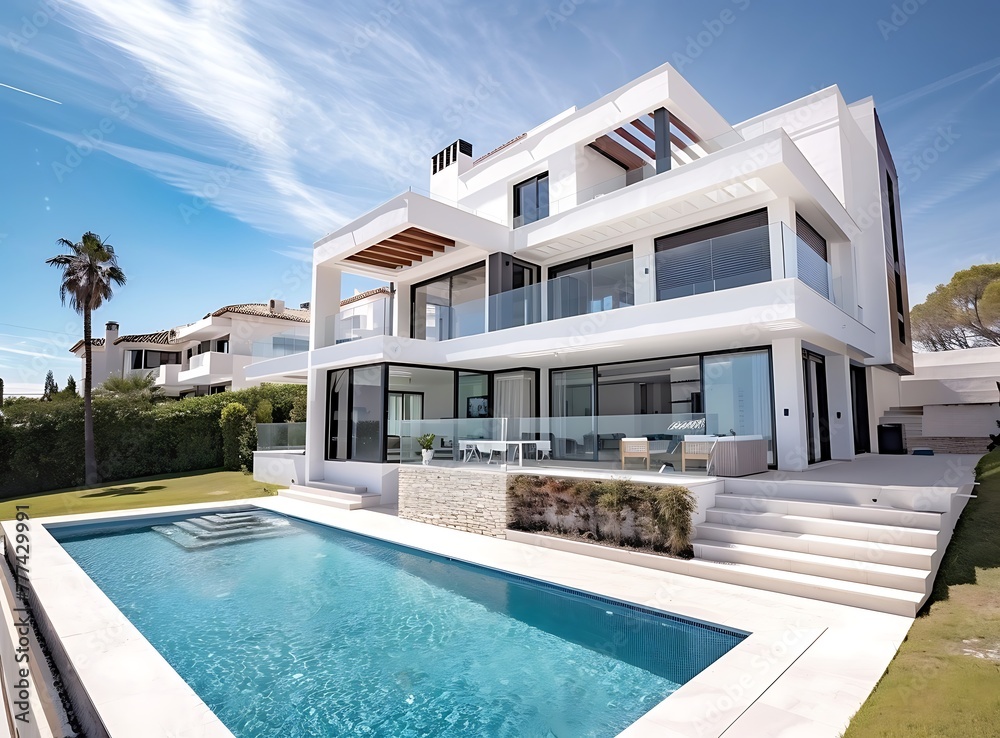 Modern white mansion with pool and terrace, front view, blue sky, sunny day, daylight, photo taken by Canon EOS R5 F2 ISO100 Shutter speed30mL , ultra realistic photography