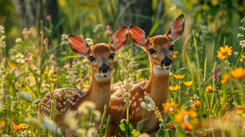 deer fawns in meadow photo
