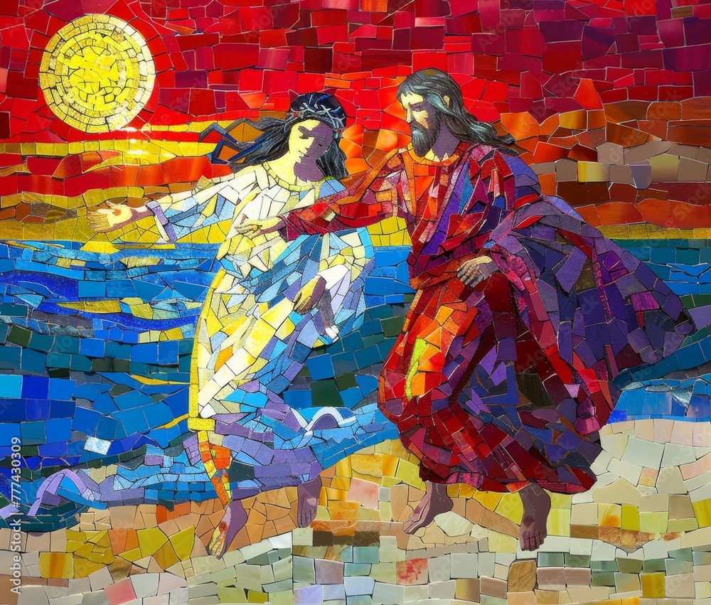 Fototapeta premium KSJesus and Mary Magdalene running to Jesus in the style