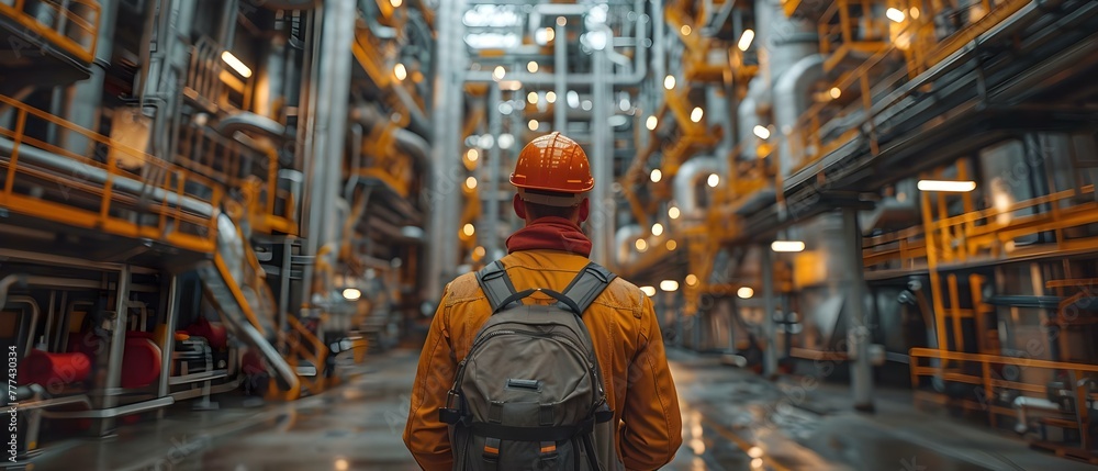 Engineer inspects safety protocols of heavy machinery in manufacturing ...
