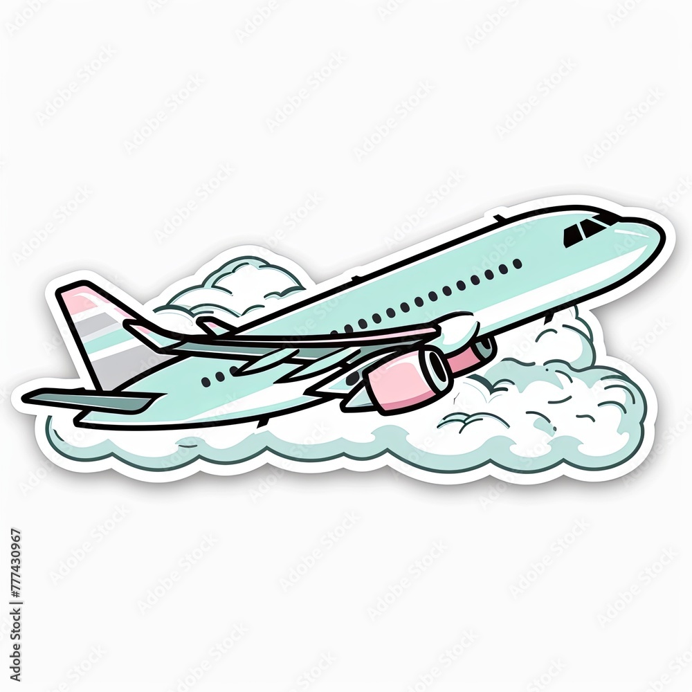 Sticker of a minimalist airplane flying above fluffy clouds symbolizing the joy of travel