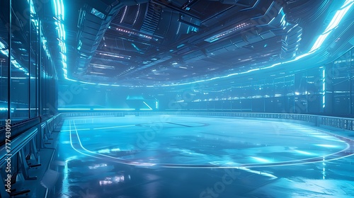 a futuristic, sci-fi-inspired depiction of an isolated ice hockey rink with advanced lighting effects attractive look