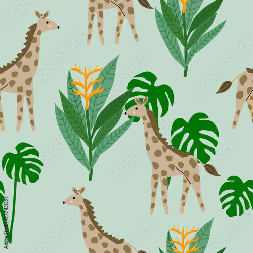 Seamless giraffe pattern with montera and heliconia on green background  used for wallpaper  textiles and prints.