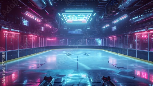 a futuristic, sci-fi-inspired depiction of an isolated ice hockey rink with advanced lighting effects attractive look