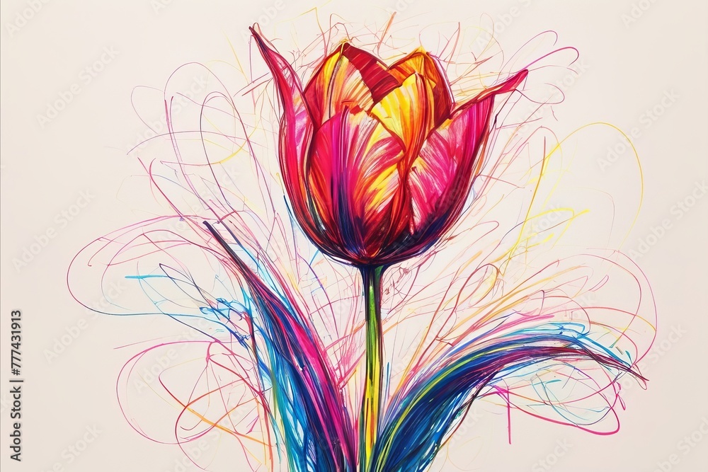 Tulip in vase in chaotic wax crayon drawing style Tulip in vase in chaotic wax crayon drawing style