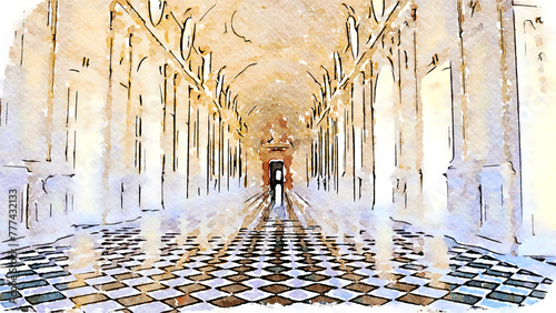 Creative illustration of Reggia di Venaria Reale gallery - Italy. Luxury marbles in baroque Palace
