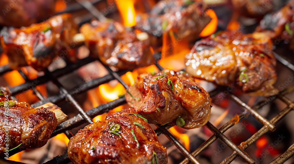 Sausages cooking on barbecue grill. Summer barbecue party Sausages cooking on barbecue grill. Summer barbecue party