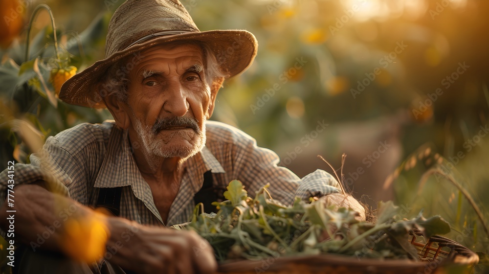 A happy old man farmer in a straw hat smiles while surveying his green field in country side A happy old man farmer in a straw hat smiles while surveying his green field in country side