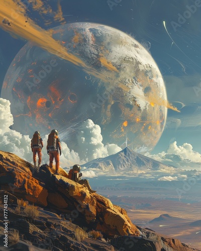 Compose an intriguing visual of a team of explorers gazing out into the vast landscape of a habitable exoplanet Illustrate the rear view to emphasize the unknown