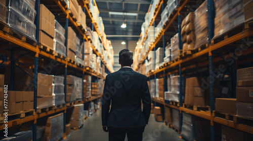businessman in a warehouse, business person visits a warehouse checking the stocks or raw material or shipment  photo