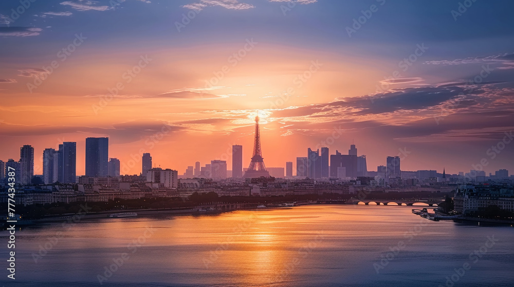 Sunset illuminates famous city skyline a romantic view, AI Generative