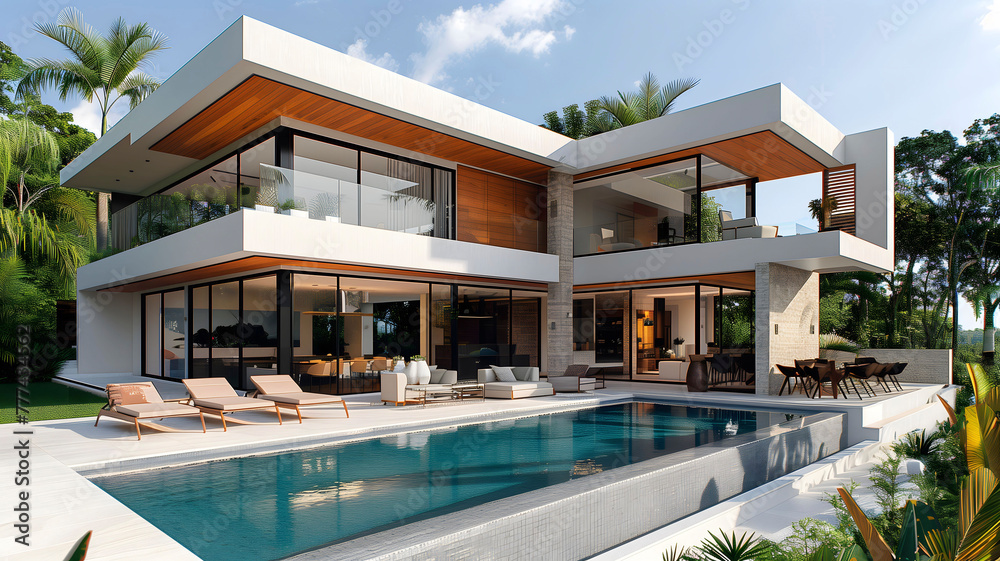Brazilian house with modern architecture, with glass, swimming pool and outdoor environment Brazilian house with modern architecture, with glass, swimming pool and outdoor environment