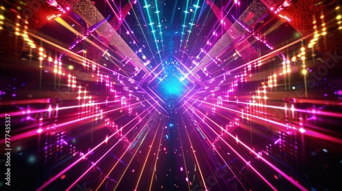 A bold and colorful disco party background featuring an array of lasers in a kaleidoscope of colors  set against a dark canvas.
