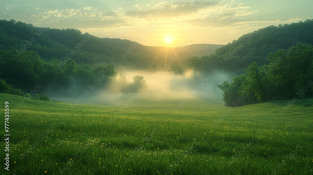 Naklejka premium Early Morning Serenity beauty of a summer landscape with a lawn 