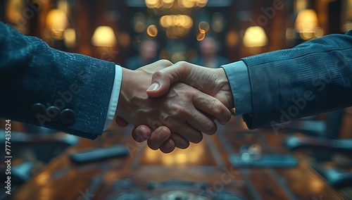 Two men dressed in suits are exchanging a firm handshake in a dimly lit room, their wrist and fingers adorned with electric blue nail polish, adding a fun twist to the formal event