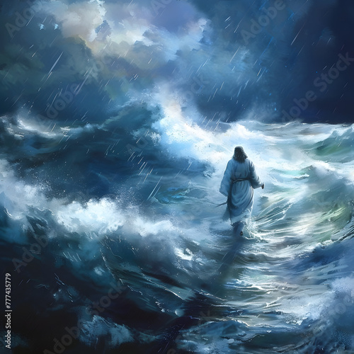 Jesus miraculously walks on water and calms the sea as in bible