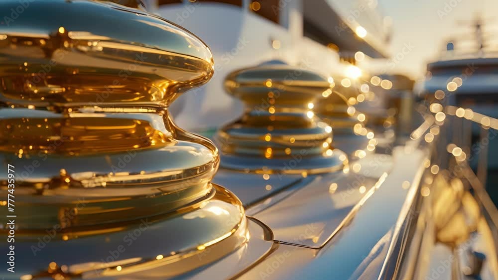 The sun glints off of the polished brass of a yacht cleat adding even more opulence to the already lavish scene. The intricate detailing of the cleat is captured in sharp