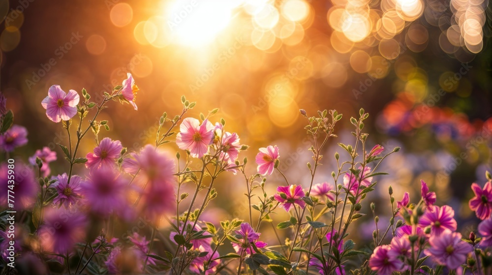 Beautiful pink flowers in the garden with sunlight and bokeh Beautiful pink flowers in the garden with sunlight and bokeh