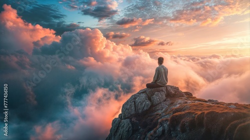 Man meditating on top of a mountain with a beautiful sunset in the background