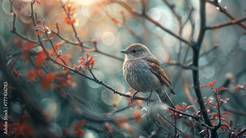 Little bird sitting on a branch of a tree in the autumn forest