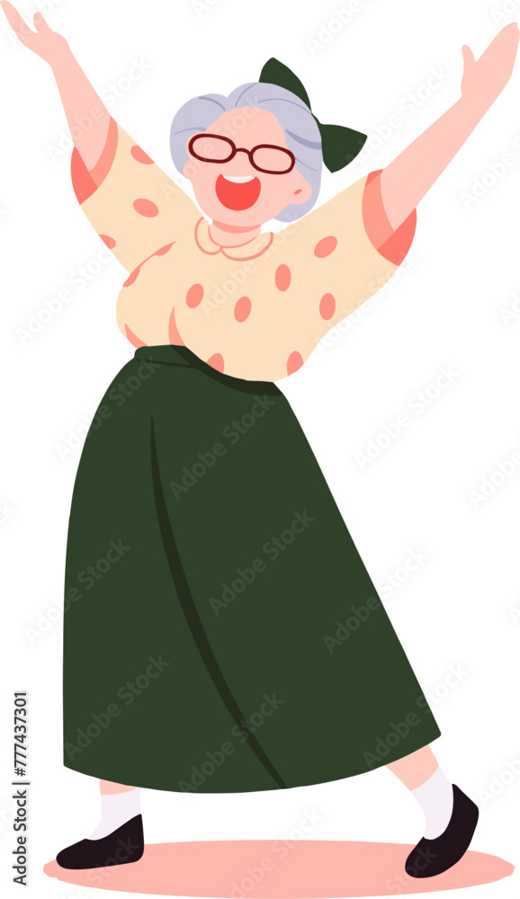 Illustration of a grandma dancing with joy with raised up hands. Flat vector illustration with place for text.
