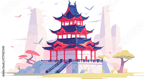 Stylized pagoda in a serene setting.