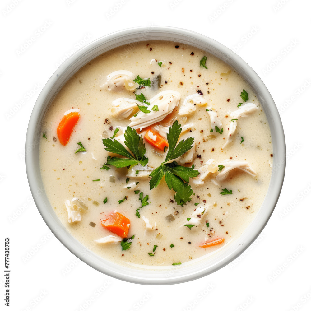 A bowl of soup with chicken and carrots A bowl of soup with chicken and carrots