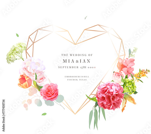 Colorful spring heart shaped frame. Botanical style card. Hot pink hydrangea, coral peachy tulip, pink rose, canna lily, green plants. Easter template. All elements are isolated and editable on white