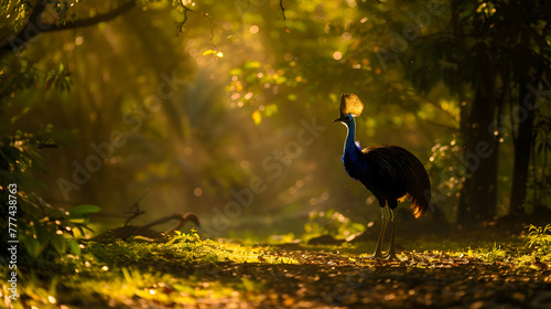 A captivating scene of a cassowary foraging in a sun-dappled clearing, the play of light and shadow enhancing its allure, while leaving room for text or design elements photo