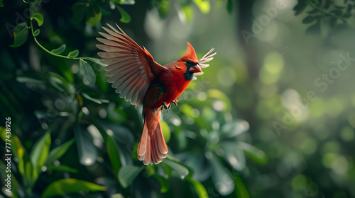 A cardinal captured in mid-flight, wings spread wide, against a blurred backdrop of lush green foliage