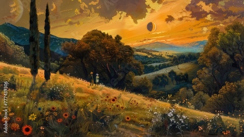 Poetic countryside landscape under a solar eclipse, glowing light casts over trees, flowers, and rolling hills and two figures
