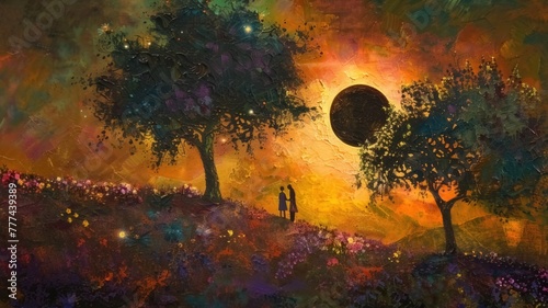 Poetic countryside landscape under a solar eclipse, glowing light casts over trees, flowers, and rolling hills and two figures
