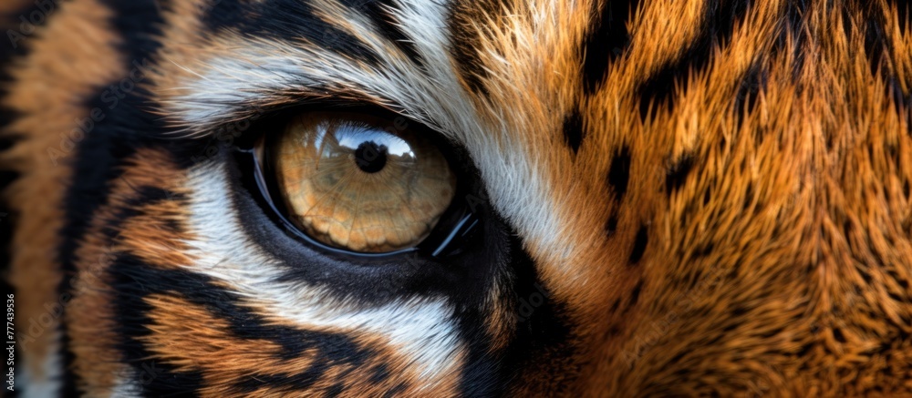 Wildlife tiger striped photography. Open eye black orange fur.