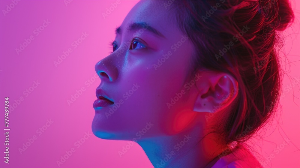 A woman's profile against a vibrant pink and blue background