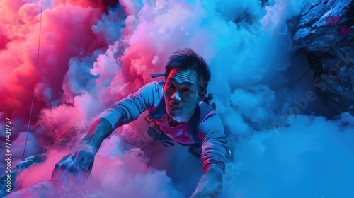 A person climbs among vibrant clouds of blue and red smoke