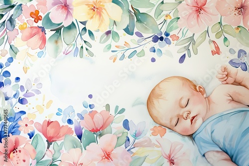 Watercolor illustration of a sleeping child baby in soothing pastel colors photo