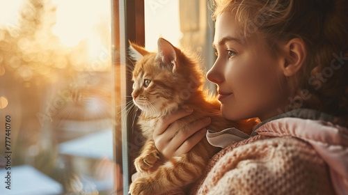 Cute girl holds light brown cat, both looking out window, sharing a moment of curiosity and companionship.