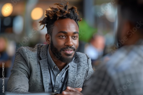 A man with a beard and moustache is sitting at a table, smiling and talking to another man. They seem happy and are enjoying the event, wearing hats for entertainment and fun © RichWolf