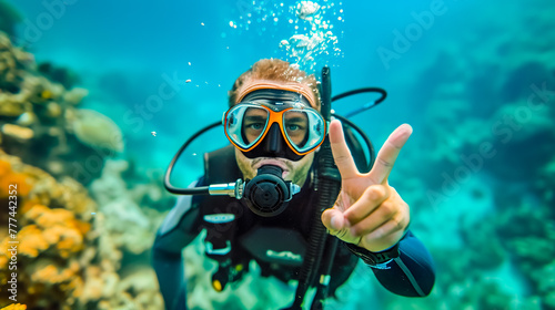 Close-up portrait of a happy scuba diver giving an OK hand signal underwater.