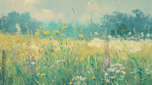 Sultry landscape. A field against the sky. Bright wildflowers. Oil painting. Generative AI.