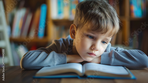 A young boy is completely absorbed in reading a book, his expression one of curiosity and wonder, reflecting the joy of learning.