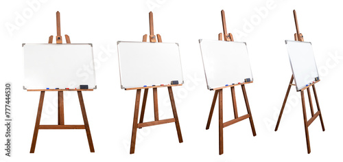 Wooden easel with a magnetic white board isolated on white, different sides angles, abstract backdrop