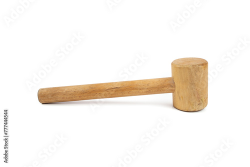 Wooden hammer isolated on white background, soft focus close up