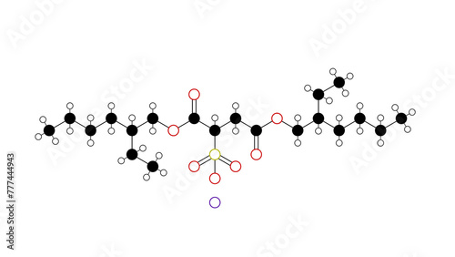 docusate sodium molecule, structural chemical formula, ball-and-stick model, isolated image organic sodium salt
