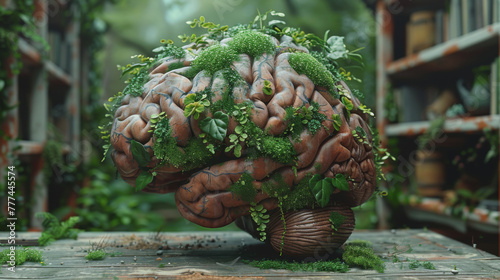 3d illustration of human brain covered with plants over green background. photo