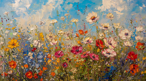 Sultry landscape. A field against the sky. Bright wildflowers. Oil painting. Generative AI.