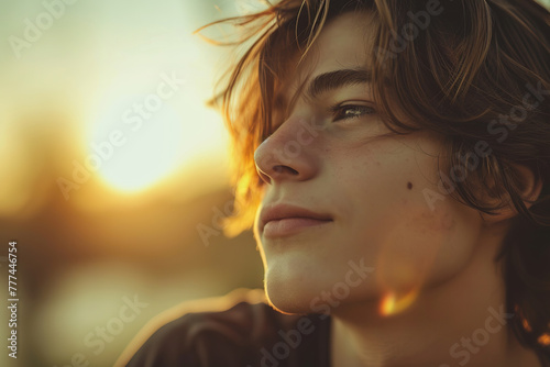 Young gen Z man with serene expression during sunset in park
