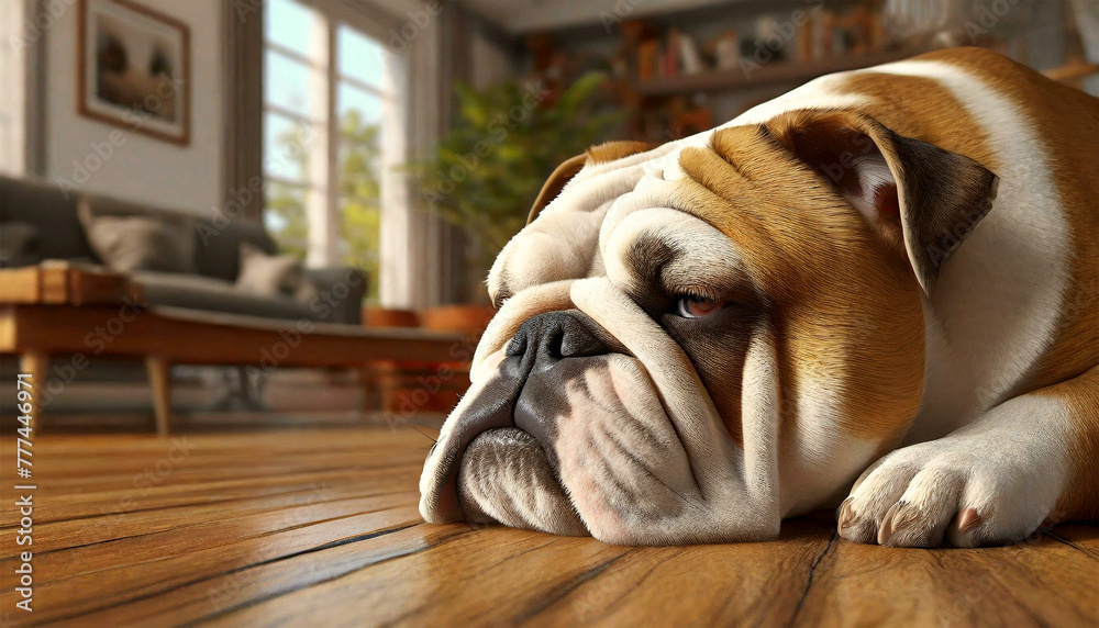 Extreme close-up of the head of a white, brown and black bulldog resting on a wooden floor. Concept of relaxation and tiredness. Generative Ai. - obrazy, fototapety, plakaty 