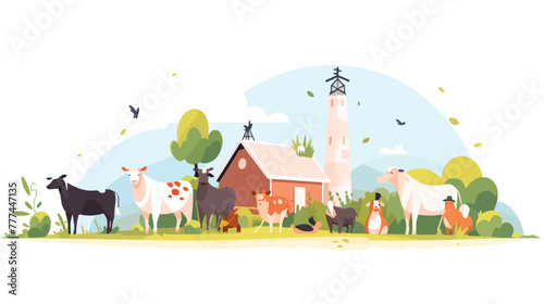 Organic farming concept with animals 2d flat cartoo